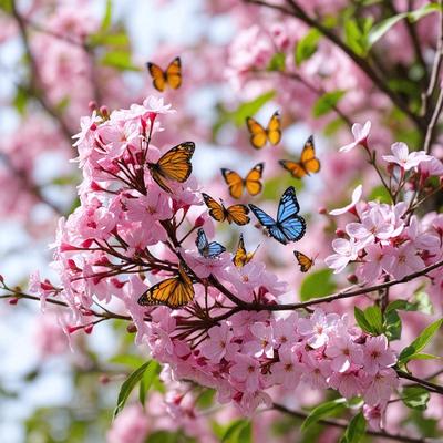 The primary subject of the image is a tree filled with pink flowers and surrounded by a variety of butterflies. The setting is a natural environment, with the tree being the main object of focus. The visual style is a combination of photo and digital art, creating a vibrant and lively atmosphere. The colors and mood are predominantly pink, which adds a sense of warmth and beauty to the scene.